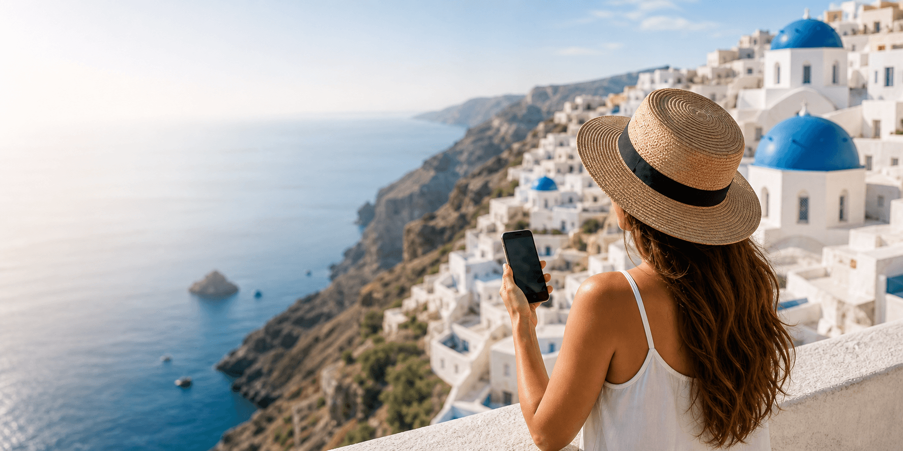 Traveler using an Athens airport eSIM after landing at ATH airport